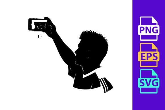 Silhouette of a Boy Taking a Selfie with Football Clipart